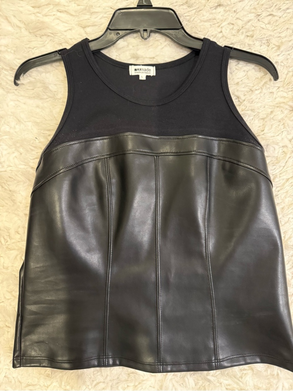 LA made Black Faux Leather Paneled Tank